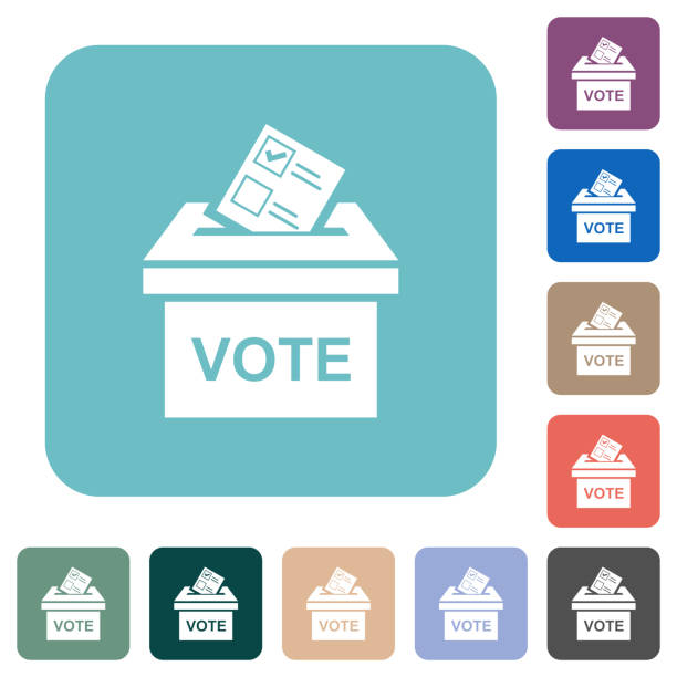 ilustraciones, imágenes clip art, dibujos animados e iconos de stock de papel de votación y urnas sólidos iconos planos cuadrados redondeados - urna de voto