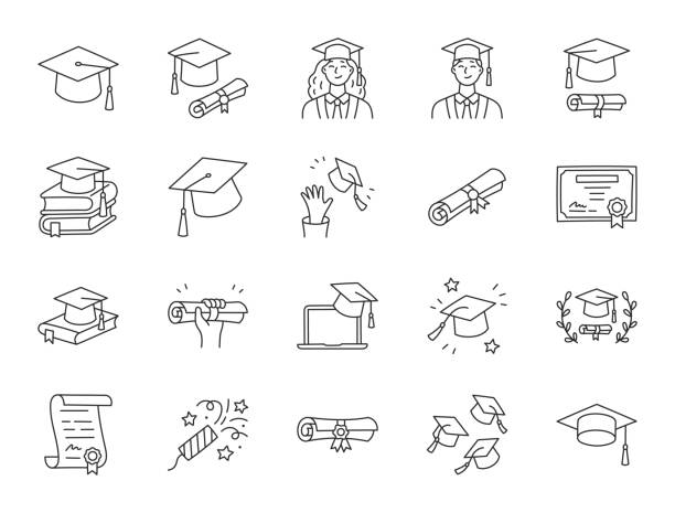 ilustrações, clipart, desenhos animados e ícones de ilustração de rabisco de graduação incluindo ícones - estudante de boné, pergaminho de certificado de diploma, diploma universitário . arte de linha fina sobre o ensino médio. traçado editável - educação