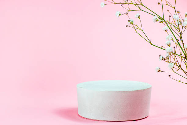 istock White empty round podium with platform for product presentation on soft pastel pink background. Minimal geometric blank stage decoration as a template for modern advertising 1394939230
