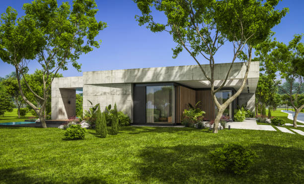 istock 3d rendering of new concrete house in modern style 1394940286
