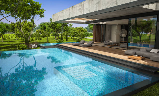 istock 3d rendering of new concrete house in modern style 1394940297
