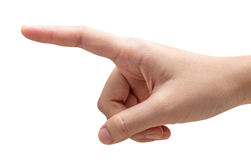 Close up woman hand touching or pointing to something isolated on white background with clipping path.