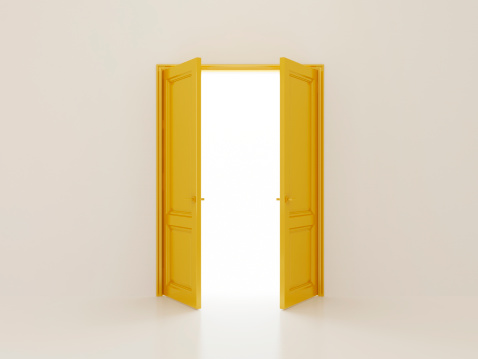 Two opening golden doors on white background. Front view