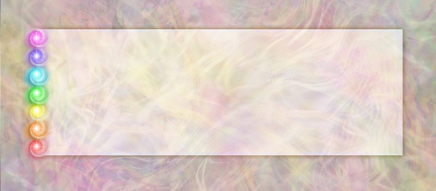 warm coloured wispy ethereal background with a darker edge frame and shadow line with a rainbow coloured stack of chakra vortex spirals and copy space for messages