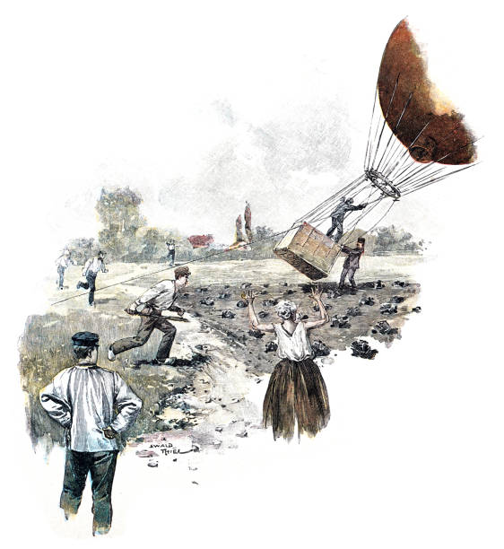 Landing of the hot air balloon Illustration from 19th century. watercolor hot air balloon stock illustrations