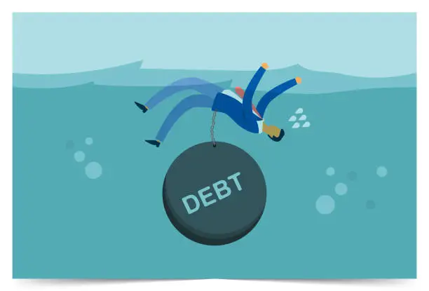 Vector illustration of Businessman drowning with debt