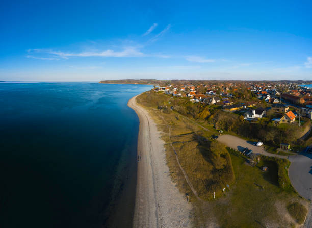 A drone photo taken from above showing Weidefelder Beach and the Baltic Sea at Olpenitz in Germany