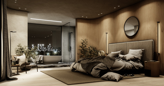Digitally generated  Japandi style home interiors of modern owner's bedroom\n\nThe scene was created in Autodesk® 3ds Max 2022 with V-Ray 5 and rendered with photorealistic shaders and lighting in Chaos® Vantage with some post-production added.