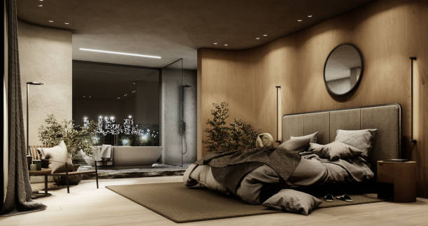 Modern Japandi Style Owner's Bedroom stock photo