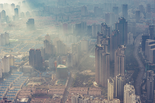 Dusty and dirty air above the city center at morning time. Shanghai. China.