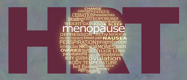 circular word cloud relevant to menopausal awareness against a grey background and large HRT with copy space