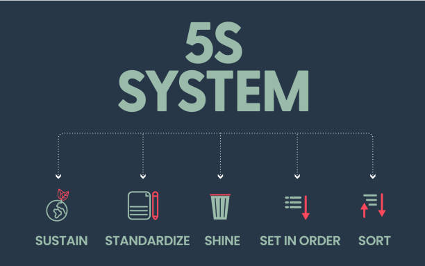 A vector banner of the 5S system is organizing spaces industry performed efficiently, effectively, and safely in five steps; Sort, Set in Order, Shine, Standardize
, and Sustain with lean process A vector banner of the 5S system is organizing spaces industry performed efficiently, effectively, and safely in five steps; Sort, Set in Order, Shine, Standardize
, and Sustain with lean process 5s stock illustrations