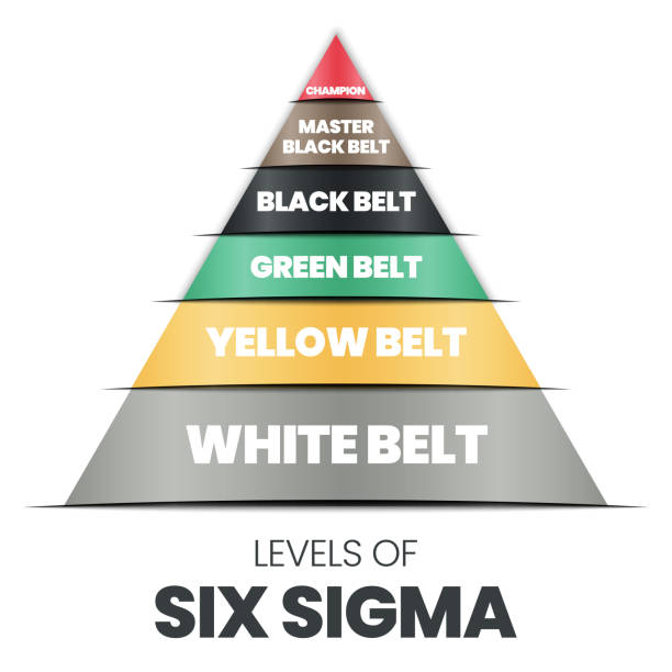 ilustrações, clipart, desenhos animados e ícones de um infográfico vetorial em uma pirâmide ou forma triângulo de níveis de sigma que é uma metodologia de melhoria contínua tem branco, amarelo, verde, preto, faixas pretas mestres, e campeões para lean 6 sigma - leaning