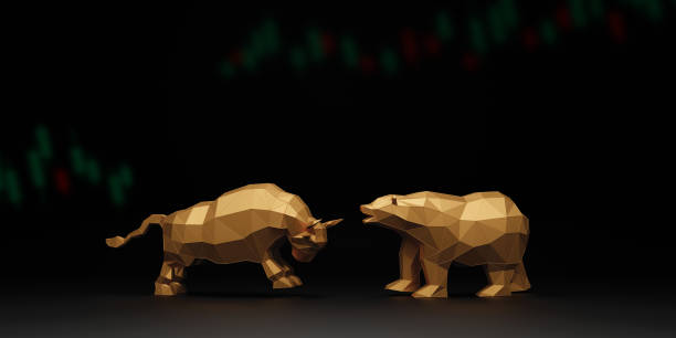 istock Bull and bear with candlestick chart on black background 3D render 1394950212