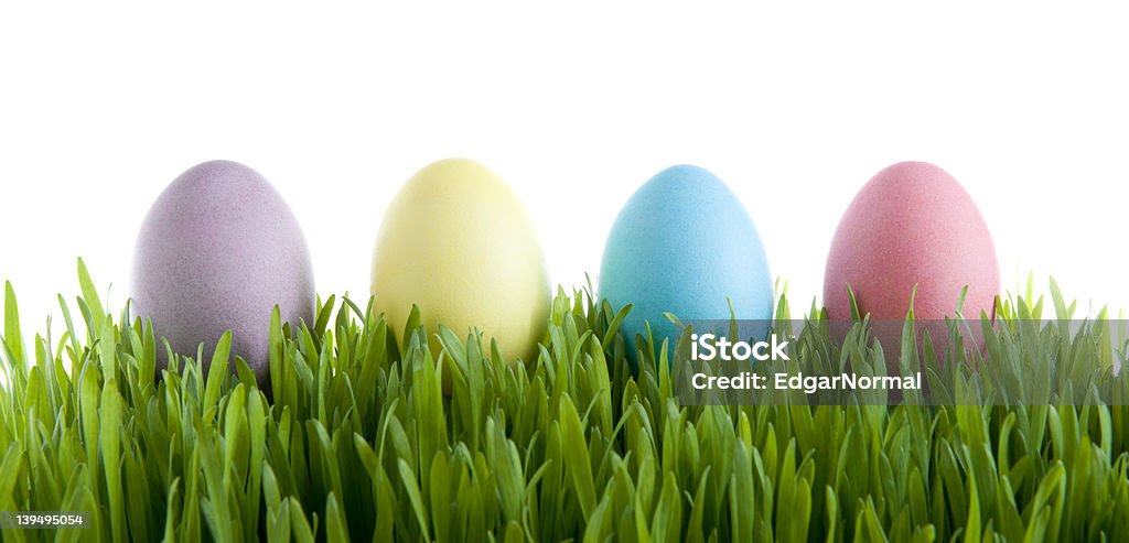 Vier (4) Pastell Easter Eggs in Grass - Lizenzfrei Blau Stock-Foto