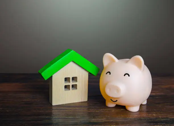 Photo of Satisfied piggy bank near the house. Low cost utilities and high energy efficiency. Housing green technologies. Autonomy and self-sufficiency. Economical affordable housing.