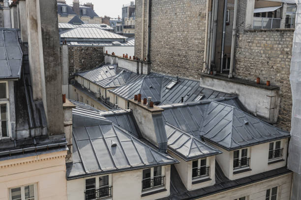 dachy miejskie - paryż, paris, francja - paris france roof apartment aerial view zdjęcia i obrazy z banku zdjęć