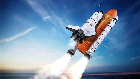 Space Shuttle Solid Rocket Boosters Separation. 3D Scene.