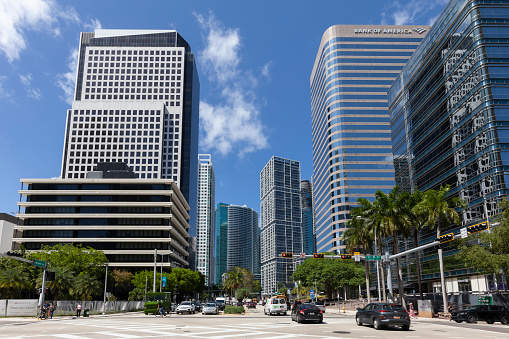 Miami, Florida - April 25, 2022: Brickell is home to numerous high-rise condo towers and office buildings, as well as a mind-boggling selection of shopping and dining places.