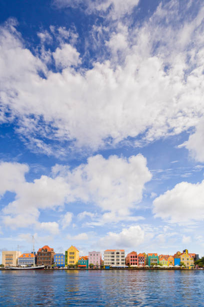 Colorful houses at Handelskade, Willemstad, Curaçao Famous colorful houses on Handelskade at Willemstad, Capital of Curaçao. Large portion of sky above. willemstad stock pictures, royalty-free photos & images