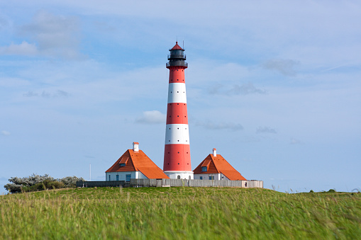 Famous Lighthouse at Westerheversand, Eiderstedt peninsula on the German North Sea coast