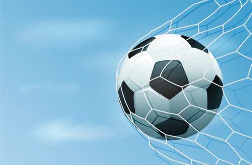 Soccer ball in goal net with blue sky. Realistic football in net with copy space for text. Vector stock