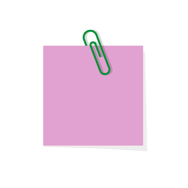 ilustrações de stock, clip art, desenhos animados e ícones de note with paper clip. paperclip with note memo. color notepaper with paperclip for reminder in school, office and home. metal pin on paper with shadow. blank label for announcement. vector - stack file paper document