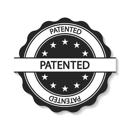 Patented stamp seal. Stamp for patented and certified. Round badge for patent, certify, quality and verified. Sign for product. Label of guarantee with shadow isolated on white background. Vector.