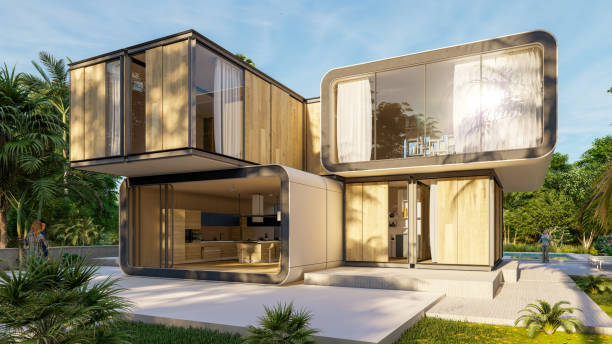 Stylish contemporary house 3D rendering of an stylish modern house with pool and garden prefabricated building stock pictures, royalty-free photos & images