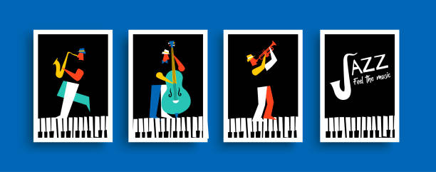 ilustrações, clipart, desenhos animados e ícones de grupo de homens de banda de jazz com conjunto de instrumentos musicais - blues saxophone jazz musical instrument