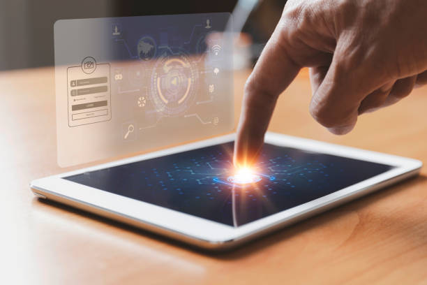 istock A man's hand presses a fingerprint scanner on the tablet screen to access the Internet's login system. technology concept fingerprint scanner to enter the multimedia system 1394962245