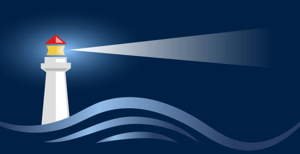 ilustrações de stock, clip art, desenhos animados e ícones de lighthouse on a stormy night in blue background. vector banner - storm nautical vessel sea vector