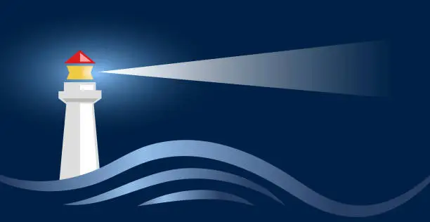 Vector illustration of lighthouse on a stormy night in blue background. vector banner