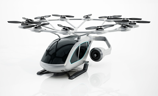 Conceptual eVTOL (electric vertical take-off and landing) design isolated on white.