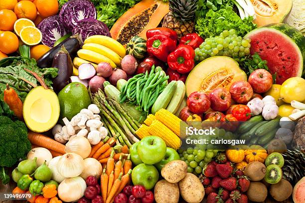 Assortment Of Fruits And Vegetables Background Stock Photo - Download Image Now - Vegetable, Fruit, Backgrounds