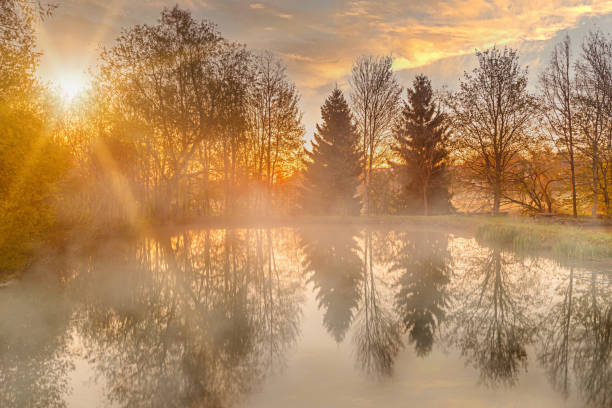 バイエルン州の池の上の日の出と上昇する霧 - 壮大な景観 ストックフォトと画像