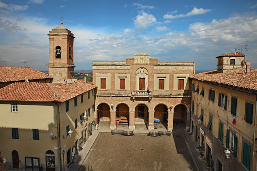 Lari, Casciana Terme, Pisa, Tuscany, Italy: the main square Piazza delle Logge with the former Casa del Fascio, in the old town of the ancient Tuscan village