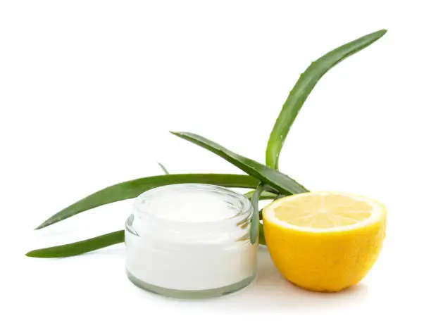 Photo of Green aloe plant with lemon and cream.