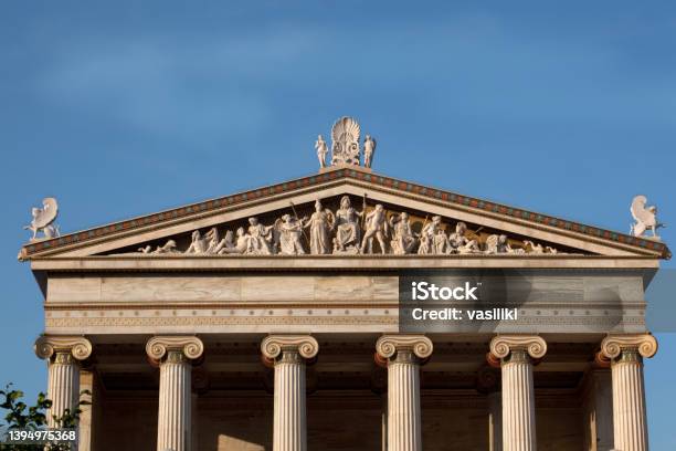 Academy Of Athens The Pediment Representing The Birth Of Goddess Athena Stock Photo - Download Image Now