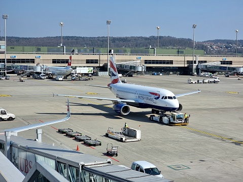 A British Airways (BA) Aircraft on the Airfield after landing. The Image was captured at the airport Zurich ZRH.