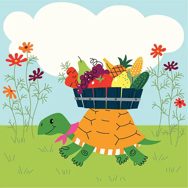 Vector illustration of Tortoise and a tub with vegetables&fruit.