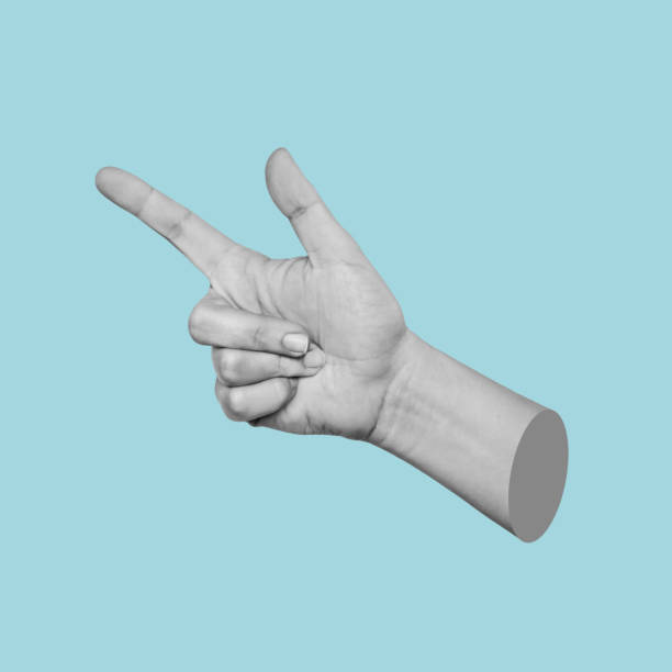 istock A young woman's hand indicating at a copy empty blank space for text and design isolated on a blue background 1394976699