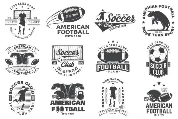 Vector illustration of Set of soccer and american football or rugby club badge. Vector. Vintage design with soccer, football player, bull, american football player, helmet, ball and shoulder pads silhouette.