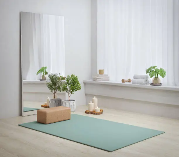 Yoga mat in yoga room with plant ,scented candle and mirror.3d rendering
