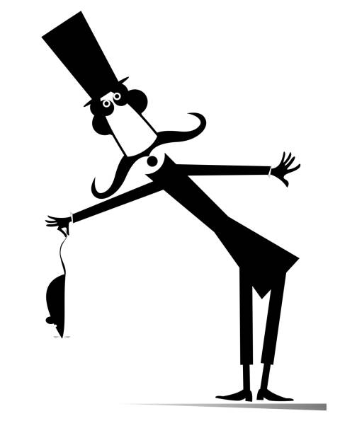 Man in the top hat holds a rat, mouse illustration Cartoon long mustache gentleman in the top hat holds rat or mouse by tail black on white background opossum silhouette stock illustrations