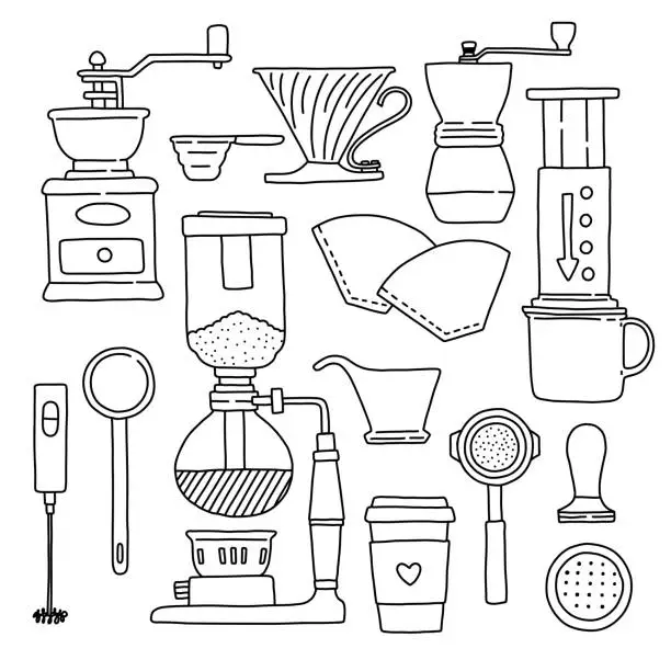 Vector illustration of Accessories for coffee lineart, black and white doodle vector