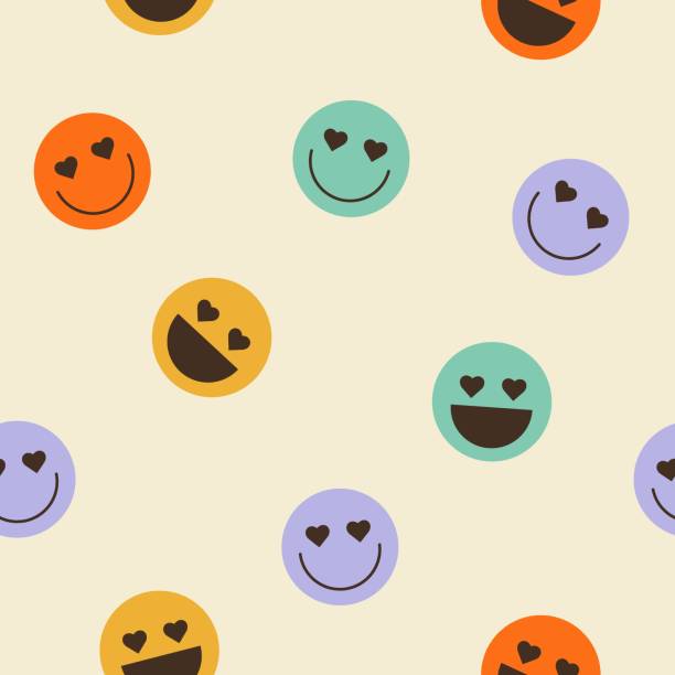 Seamless vector pattern with colorful smiling faces Seamless vector pattern with colorful smiling faces. 70s, 80s vibes psychedelic background. Abstract smiles emoji illustration. Vintage nostalgia elements in groovy style emoji background stock illustrations