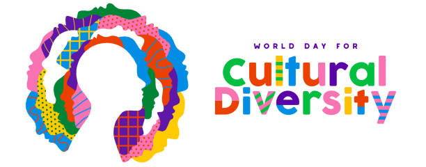 Cultural Diversity day ethnic people face banner World Day for Cultural Diversity web banner illustration of colorful diverse people faces together. Man and woman culture identity concept. Social holiday event on 21 may. multiculturalism stock illustrations