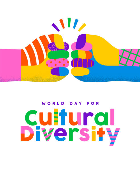 Cultural Diversity Day friend fist bump concept World Day for Cultural Diversity greeting card illustration of colorful diverse friend hands doing fist bump gesture together. Different culture holiday event on 21 may. multiculturalism stock illustrations