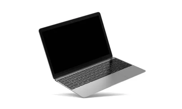 Laptop isolated on a white background at an angle with an empty black screen